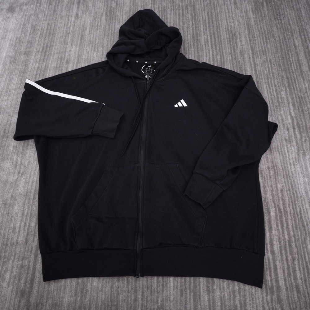 Adidas Full Zip Hoodie Mens 3X Black Excellent 3 Stripe Fleece Sweatshirt